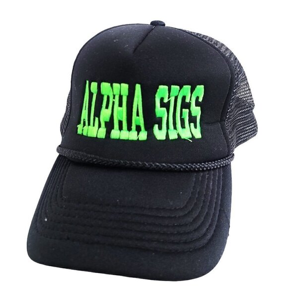 Alpha Sig Black Neon Green Embroidered Mesh Snapback Hat Cap - Picture 1 of 6